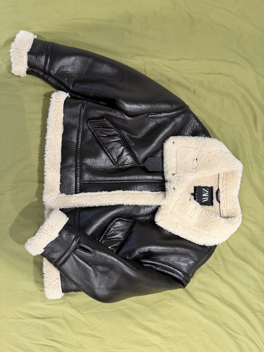 ZARA Black Faux Leather Jacket with Cream Sherpa Lining